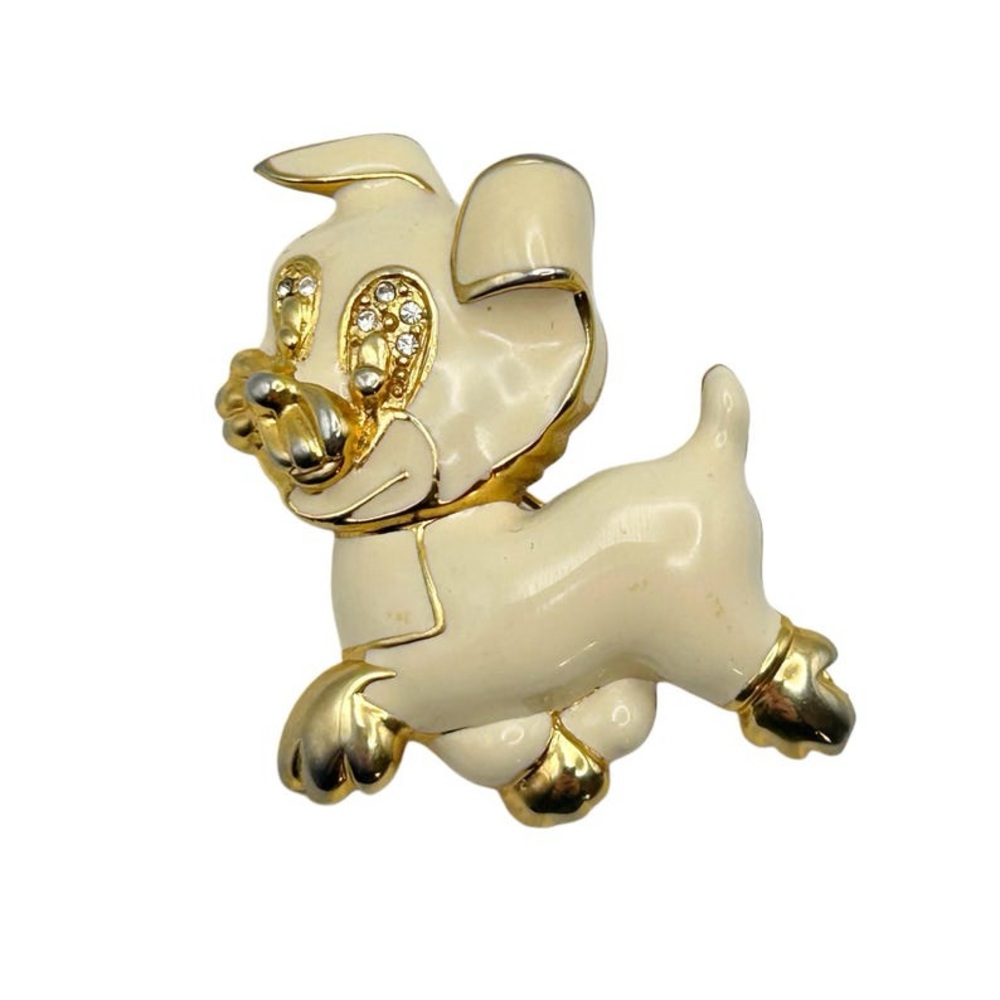 Vintage 1960s White Enamel Playful Puppy Dog Gold Tone Rhinestone Brooch